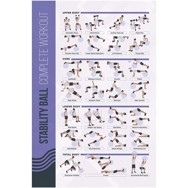 FitMate Stability Ball Workout Exercise Poster - Workout Routine with Free Weights, Home Gym Decor, Room Guide (20 x 30 Inch)