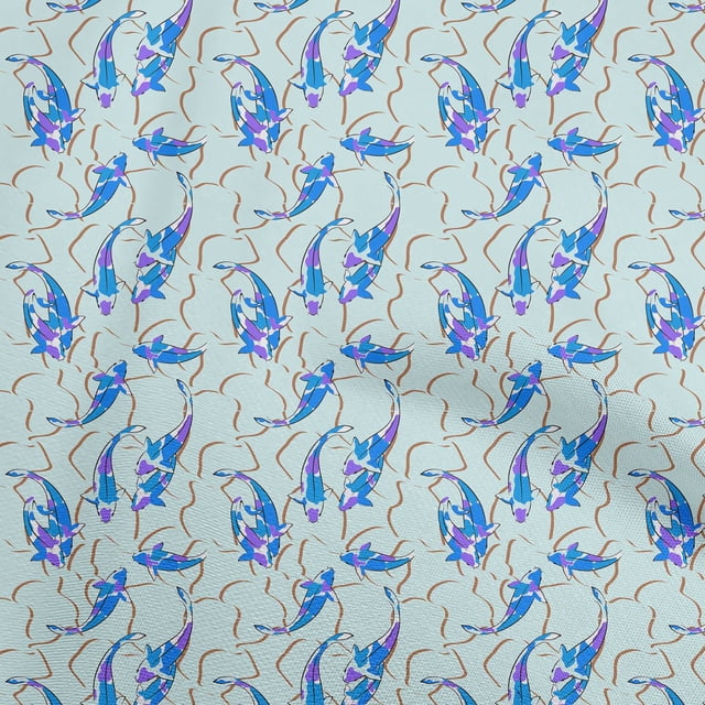 oneOone Cotton Cambric Light Blue Fabric Asian Japanese Koi Fish Sewing Material Print Fabric by The Yard 42 Inch Wide