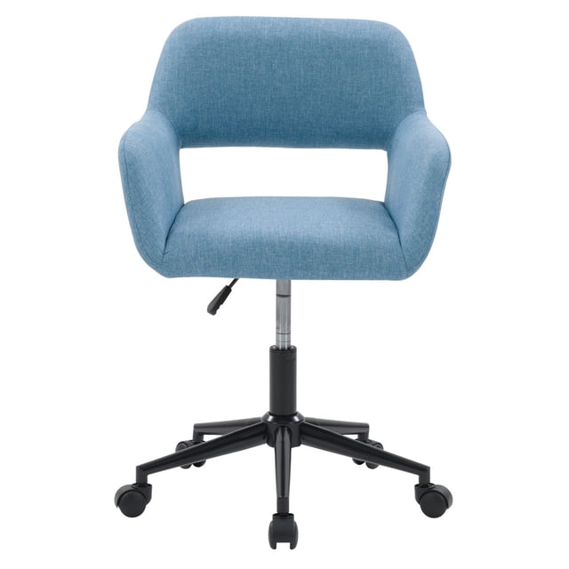 CorLiving Marlowe Upholstered and Padded Adult Adjustable Height Task Chair with Arms and Key Hole Back in light blue woven fabric, featuring a curved open back, padded seat, fixed armrests, adjustable gas lift, 360-degree swivel, and black metal five-star caster base, ideal for office or home use.