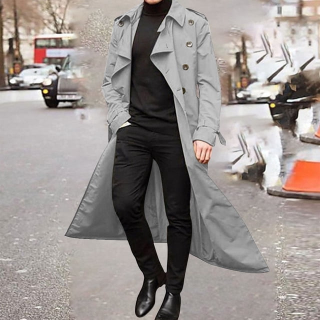 TIMIFIS Men's Full Length Trench Coat Long Wool Overcoat Winter Windbreaker-GrayFall