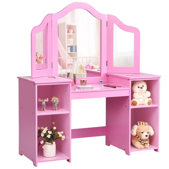 Costway Vanity Table Set Makeup Dressing Study Table Tri Folding Mirror Pink