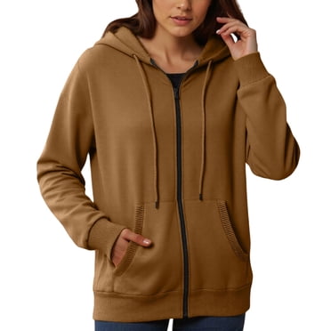 Aocisk Womens Zip Up Hoodie Fashionable Casual Pocket Zipper Long Sleeved Hooded Solid Color Sweatshirt for Streetwear Brown M