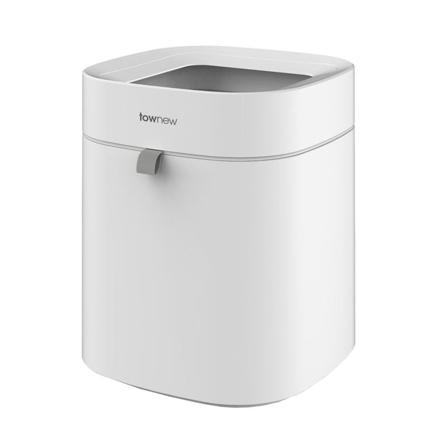Townew T Air Lite Bac à Déchets Intelligent - 16,5 L avec un design Rectangulaire Blanc compact et des Bords Arrondis, Montré à un angle avant 3/4. Il Présente un Dessus Ouvert, un Languette de Tirage Grise et le logo Townew Près du Dessus. Comprend une Technologie d'Auto-étanchéité, une Capacité de 16,6 L, un Fonctionnement Silencieux du Couvercle, une Recharge USB Type-C et une Résistance aux Éclaboussures IPX3, Idéal pour les Petits Espaces et une Élimination Facile des Déchets.