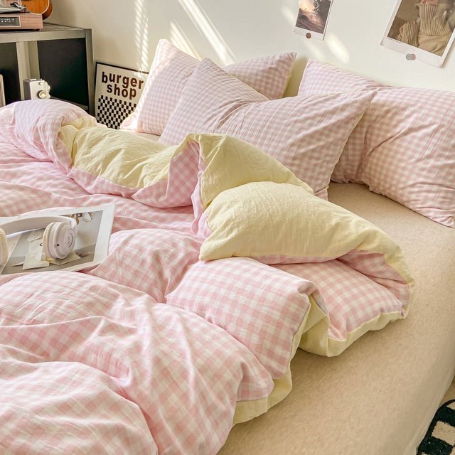 Plaid Printed 100% Polyester Double Sided Bedding Duvet Cover Set 300TC For Home