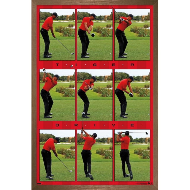 Tiger Woods - Affiche Murale Drive, 22,375 Po x 34 Po Affichant Neuf Photos Séquentielles d'Un Golfeur en Chemise Rouge et Pantalon Noir Exécutant une Balançoire Drive de golf sur un Parcours Vert avec des Arbres et des Pièges à Sable, Encadrée d'Une Bordure Rouge avec Texte « Tiger Drive », Convient comme art Mural à Thème Sportif pour la Déco de la Maison.