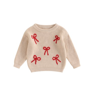 Wangsaura Pull pour Bébé Fille Manches Longues Col Rond Broderie Nœud Tricoté Haut pour Tout-Petit