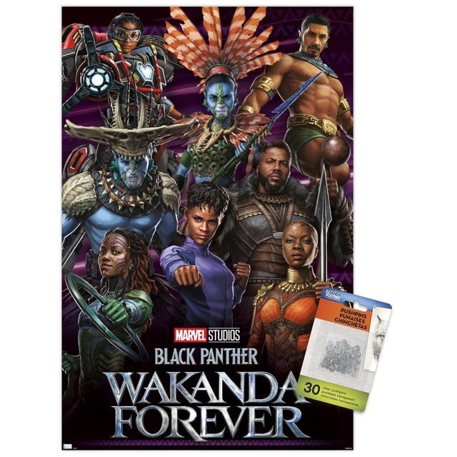 Marvel Black Panther : Wakanda Forever - Affiche Murale de Groupe, 22,375 Po x 34 Po, Montrant Plusieurs Personnages en costumes Tribaux et Futuristes Détaillés avec des Armes, sur Fond Géométrique Violet avec logo et Texte de Titre Marvel Studios, Idéale pour la Déco de la Maison et les Pièces à Thème.