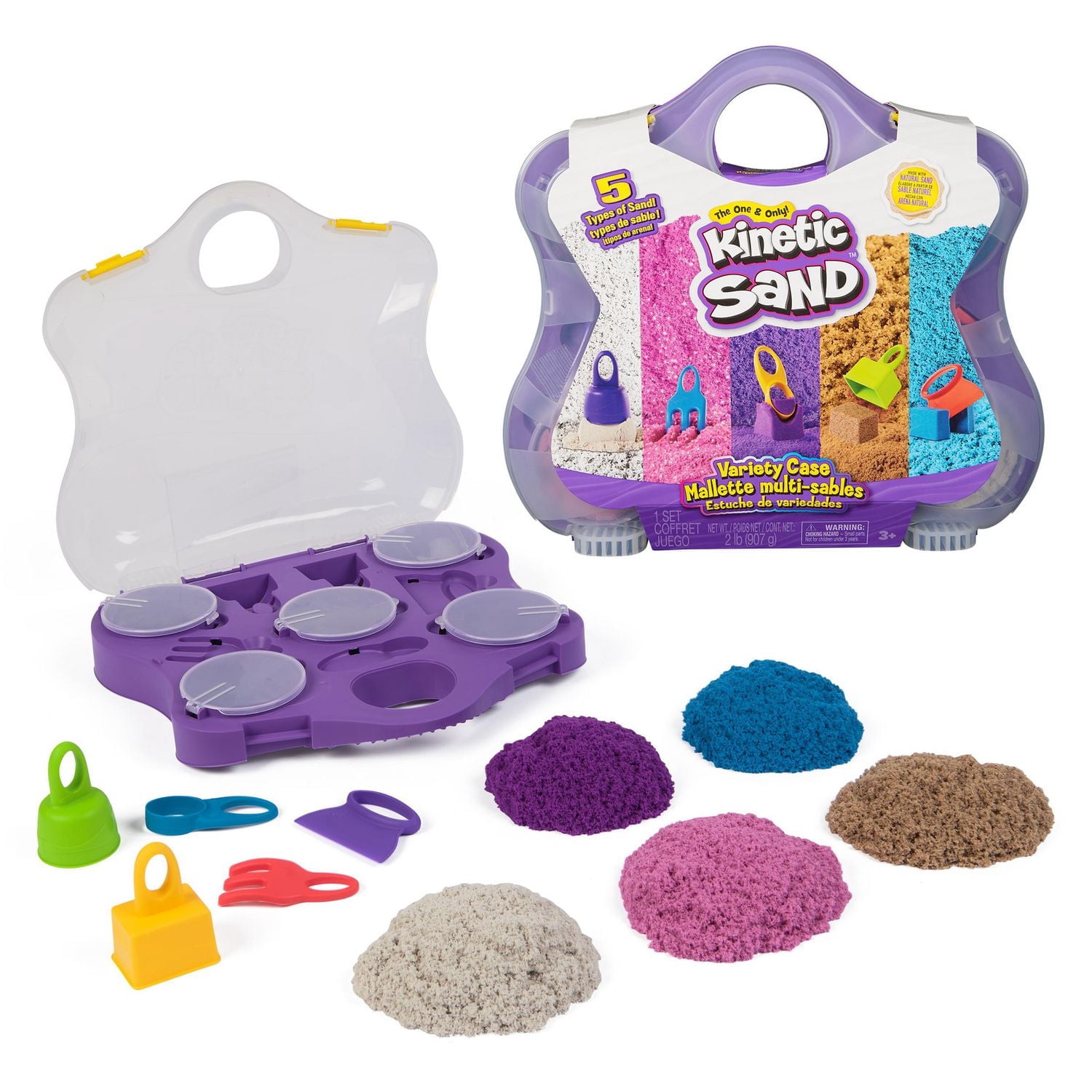 Kinetic Sand, Variety Case with Beach, Neon & Shimmer Play Sand (2lbs) & 5 Tools, Reusable Storage, Sensory Toys, Christmas Gifts for Kids Ages 3+