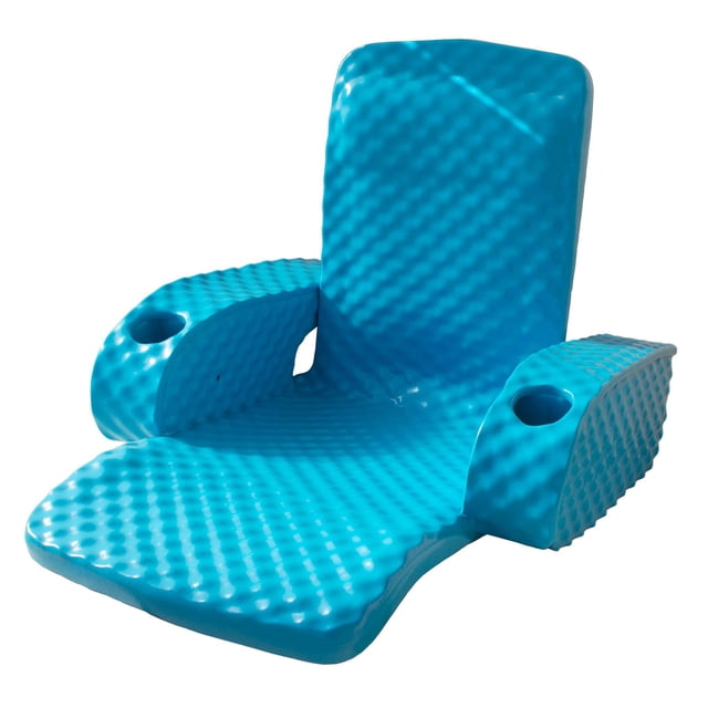TRC Recreation Folding Baja Chair Swimming Pool Float Armchair in Marina Blue. This floating pool chair features a textured closed-cell foam surface with reinforced arms and backrest for upright support. It includes two integrated cup holders and folds compactly for easy transport and storage. Designed with a full-metal frame and anti-rust coating for durability, the chair measures 26 inches tall, 27.5 inches long, and 31 inches wide, providing a spacious and comfortable lounging experience on water.