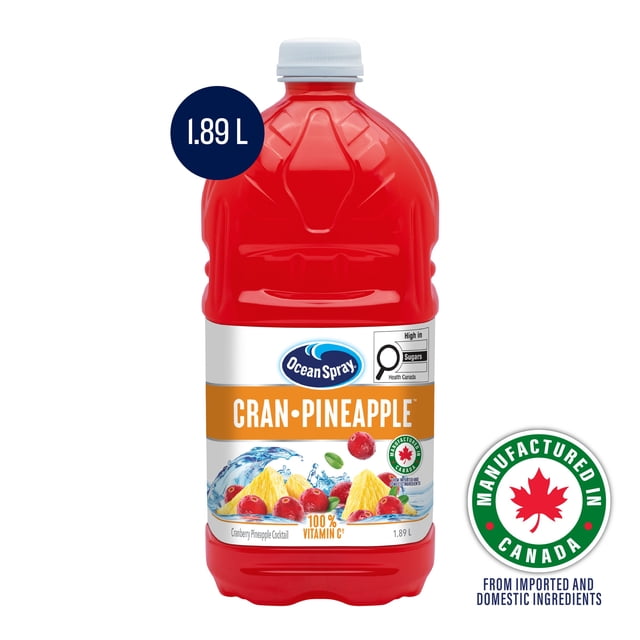 Cocktail aux Canneberges et Ananas d'Ocean Spray 1,89L. Le goût vif et rafraîchissant de la canneberge allié à la saveur tropicale de l'ananas. 100 % de l'apport quotidien en vitamine C par portion.