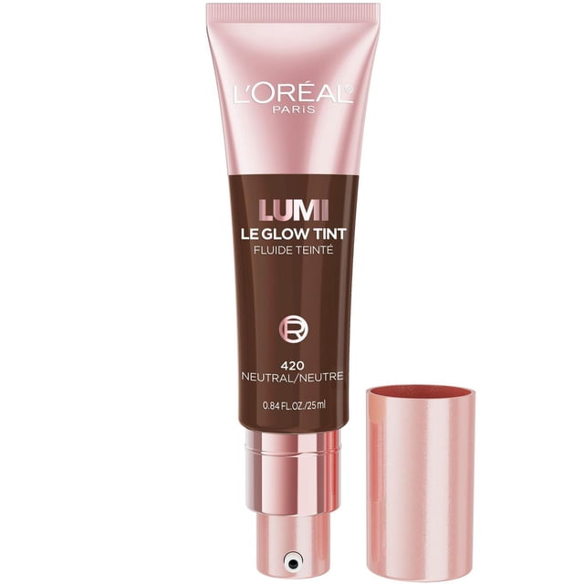 L'Oréal Paris Lumi Le Glow Tint skin tint foundation in shade 420 Neutral, a 25 ml water-based lightweight liquid foundation tube with rose gold pump and cap, providing buildable coverage and a radiant, second-skin finish for even skin tone.