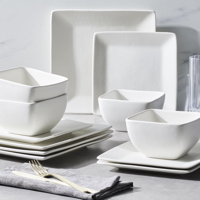 Better Homes & Gardens Anderson Cream Square-Shaped Stoneware 12-Piece Dinnerware Set