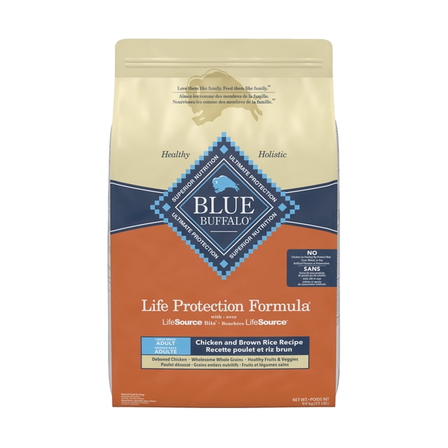 Blue Buffalo Large Breed Adult Chicken and Brown Rice Dry Dog Food bag featuring Life Protection Formula with LifeSource Bits, glucosamine, and chondroitin for joint support, made with deboned chicken, whole grains, and healthy fruits in a 22 lb (9.9 kg) package, suitable for maintaining large breed dog health.