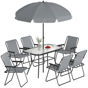 Outsunny 8 Piece Patio Table and Chairs Set with Umbrella for Garden, Grey