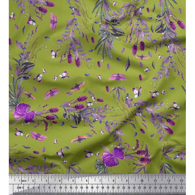 Soimoi Tissu en Coton Cambric Vert Imprimé Insectes, Roses et Feuilles au Mètre 56 Pouces de Large