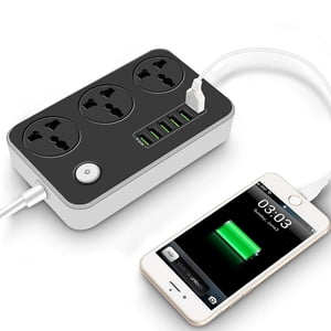 Power Strip with USB Ports Long Cord Universal Socket 3 Outlets Surge Protector 6 Quick USB (5V 3.4A 17W) Charging Station 6.5ft Power Cord 2500W Circuit Breaker Child Safe Door