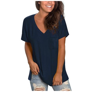 Baberdicy Basic Top Tee Women's Casual Comfort V-Neck Solid Color Pocket Loose Fit Short Sleeve Shirt Tshirts Shirts for Women Navy L
