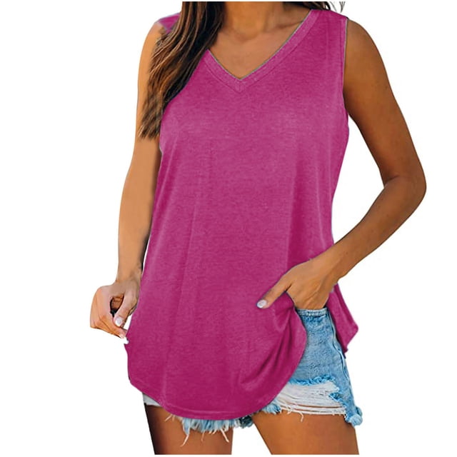 AherBiu Womens Tank Tops V Neck Basic Solid Color Tops Flowy Loose Fitted Summer Sleeveless Camis Shirts