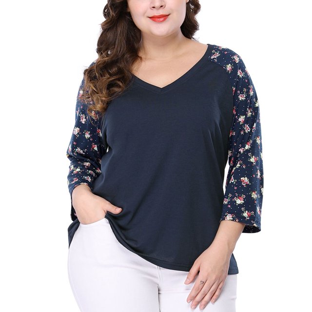 GRACE & GRANDEUR Women's Plus Size Shirts Blouse V Neck 3/4 Sleeve Floral Raglan Casual Spring Fall Tops 5X Blue