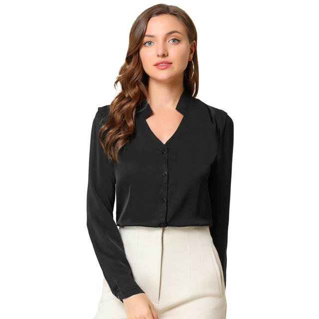 INSPIRE CHIC Chemise Élégante à Manches Longues Col en V pour Femmes TP Noir