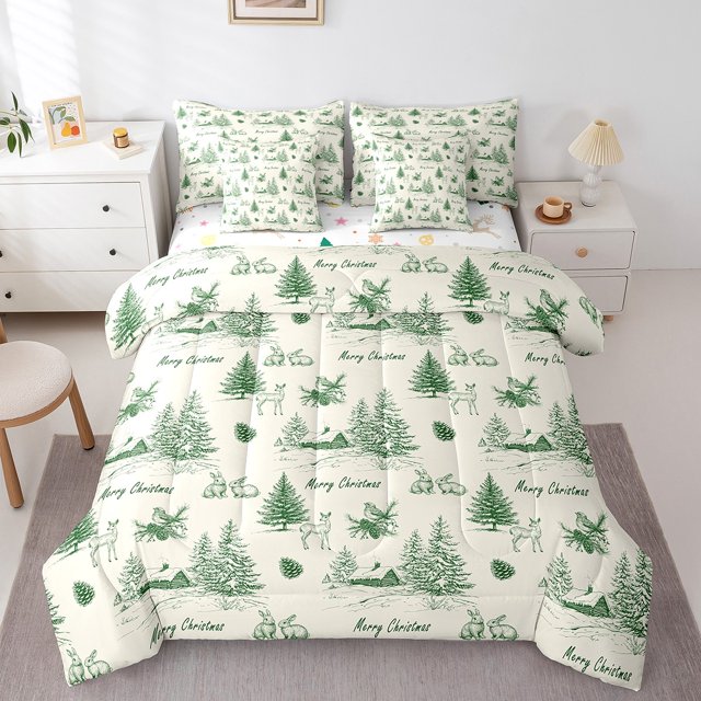 YST Christmas Village Comforter Set 7 Piece Queen Size, Xmas Green Beige Bed in a Bag for Kids, Christmas Tree Reindeer Rabbit Pattern Bedding Sets, Winter Holiday Sheet Set with Comforter