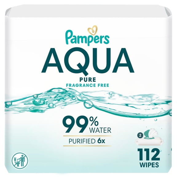 Pampers Aqua Pure Baby Wipes, 99% Water, Fragrance Free, 112 Baby Wipes Total (2X Flip-Top Packs)