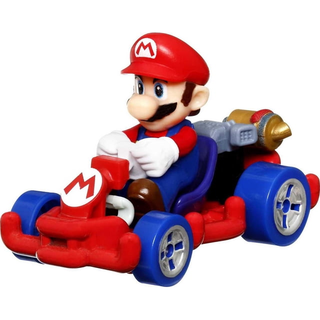 Hot Wheels Mario Kart Mario Pipe Frame Vehicle 1:64 die-cast replica of Mario in a pipe-frame kart, front-facing view showing red paint deco, molded Mario figure, exposed tubular frame and printed decals. Hot Wheels track compatible collector vehicle often used as a shelf display.