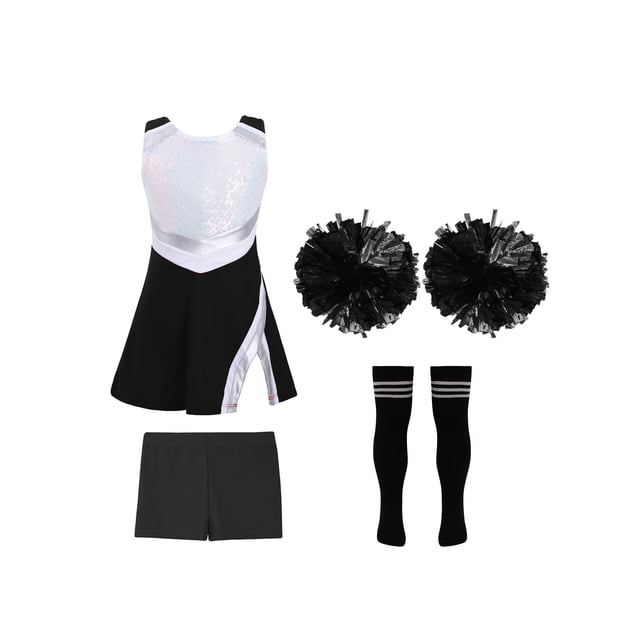 Oyolan Filles Enfants Ensemble 4 Pcs Costume de Cheerleading avec Shorts Pompons Chaussettes Ensemble Robe de Danse de Lycée Tenue de Cheerleader A Noir 12