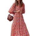 thumbnail image 4 of Kmbangi Robe Longue pour Femmes à Imprimé Géométrique, Col en V, Manches Longues Bouffantes, Coupe Ample, Robe Mode pour le Printemps et l'Été, 4 of 5