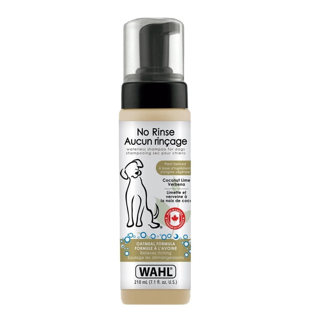 Wahl Shampooing pour Chien Sans Rinçage 210 ml avec Distributeur à Pompe, Shampooing de Toilettage Sans Eau pour Chiens avec Formule à l'Avoine pour Soulager les Démangeaisons, Parfum de Noix de Coco, lime et Verveine d'Origine Végétale, Étiquette Bilingue Anglais et Français, et Emblème de Feuille d'Érable Canadienne.