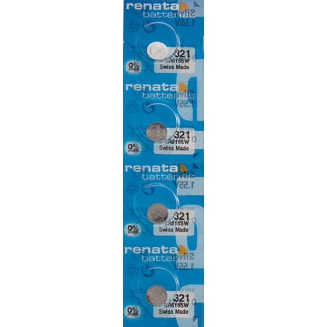 A pack of 4 Renata 321 watch batteries, SR616SW type, displayed in original blue packaging. These silver oxide batteries have a voltage of 1.5V and are compatible with various devices, including watches, calculators, car starters, keyless remotes, and health monitors. The packaging highlights the Swiss-made quality and mercury-free composition.