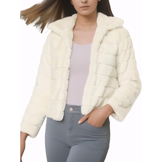 INSPIRE CHIC Veste Courte Duveteuse pour Femme en Fausse Fourrure à Col Rabattu, Ouverte à L'Avant, L Blanc