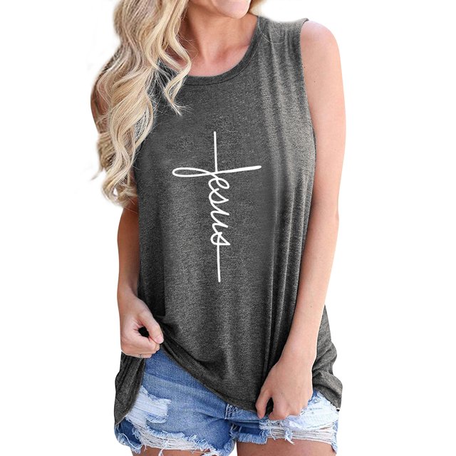 Women'd Round Neck Jesus Letter Printed Pullover Tank Top