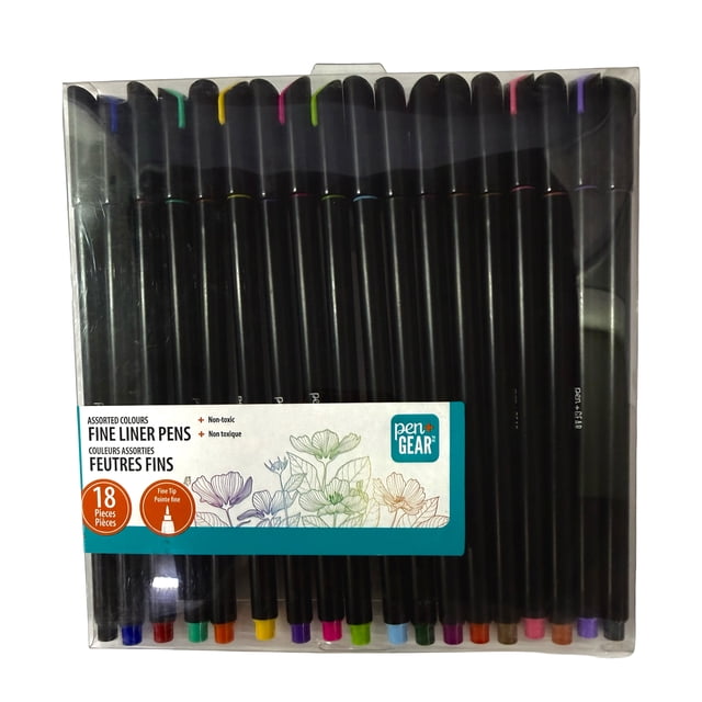 Pen+Gear 18 Count Fine Liner pens with felt tips in assorted vibrant colors, featuring black barrels and colored caps, non-toxic quick-drying ink, and ultra fine tips, packaged in a clear plastic case with floral design label, suitable for detailed writing, drawing, and creative projects.