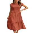 thumbnail image 1 of Robe Midi à Manches Courtes Volantées Froncée pour Femme, Été, Décontractée, à Volants, Ligne A, Orange, P, 1 of 6