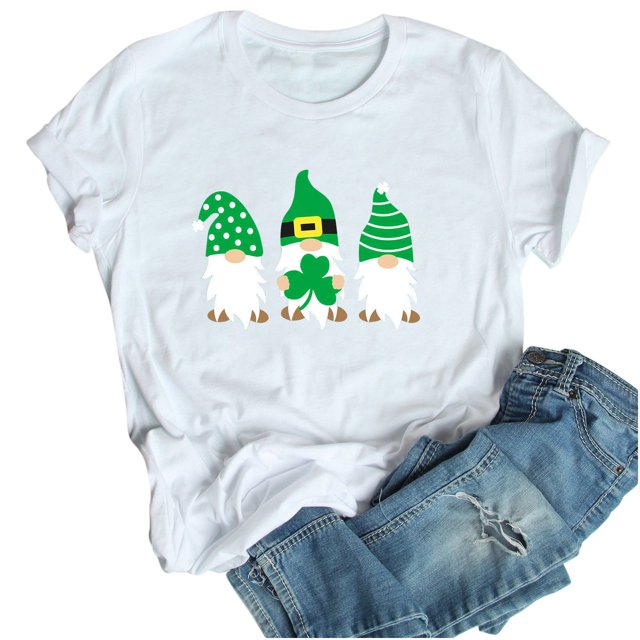 Pompotops T-Shirt Décontracté pour Femmes Imprimé Fête de la Saint-Patrick à Manches Courtes