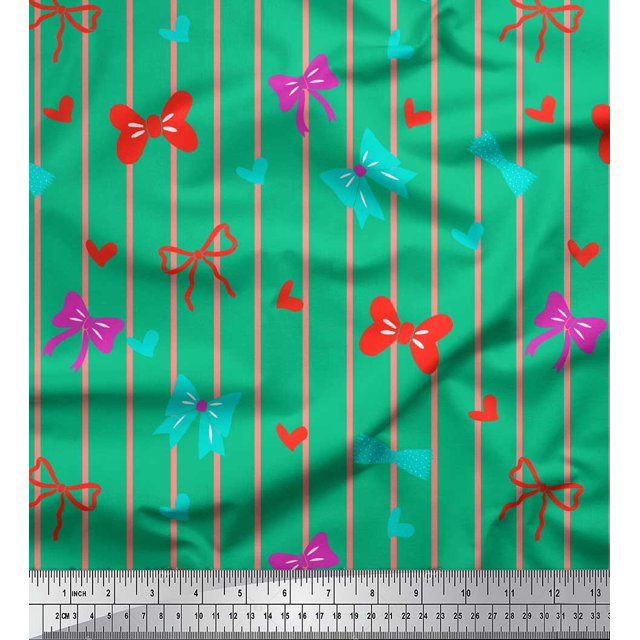 Soimoi Green polyester Crepe Fabric Bow & Stripe Print Fabric by the Yard 42 Inch Wide