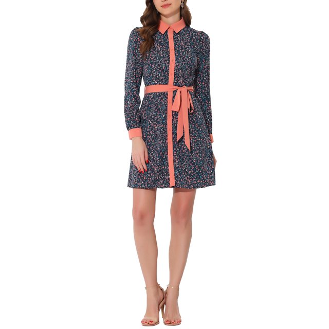 Unique Bargains Robe Chemise à Manches Longues Vintage Florale à Col Contrastant pour Femmes Bleu Foncé S