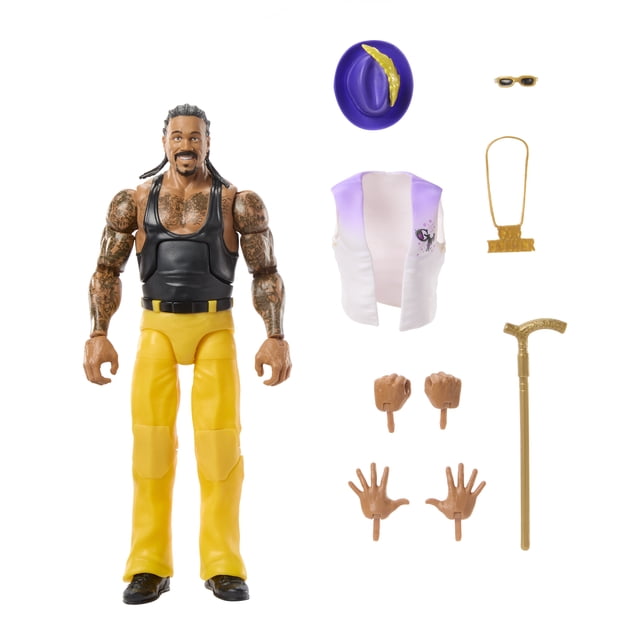 WWE Légendes Élite Godfather Figurine Articulée et Accessoires, Série 26 Ensemble de Collection, 6 Pouces - Exclusivité Walmart Mettant en Vedette une Figurine Articulée de 6 Pouces avec Pantalon Jaune, Camisole Noire et Tatouages Détaillés. Comprend un Chapeau Violet avec Plume Dorée, Gilet Blanc et Violet, Canne Dorée, Collier Chaîne Dorée, Lunettes de Soleil et Mains Interchangeables pour des Poses Dynamiques et l'Exposition.