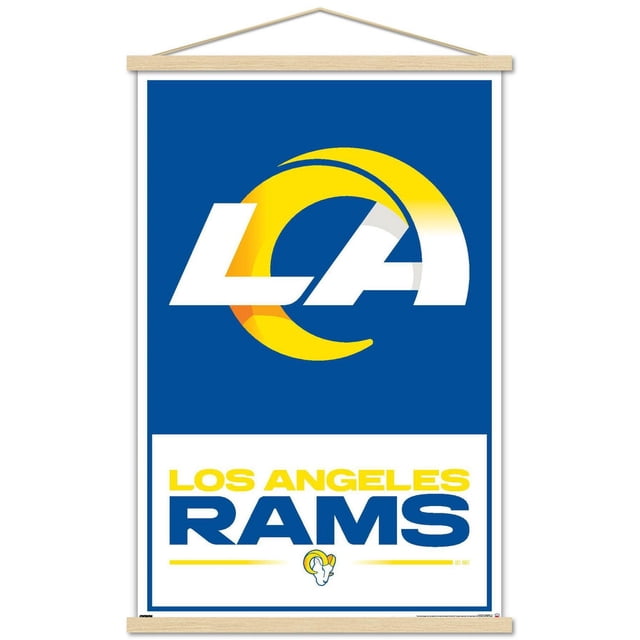 NFL Los Angeles Rams - Affiche Murale Logo 21, 22,375 Po x 34 Po art Mural Encadré Présentant un Logo La Blanc et Jaune Centré sur un Fond Bleu au-Dessus du Texte Audacieux « Los Angeles Rams » Jaune et Bleu avec une Petite Icône de Tête de Bélier en Dessous, Léger et Facile à Accrocher, Convient à la Décoration de Chambre, de Bureau Ou de Dortoir.