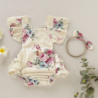 Baby Girls Floral Rompers Set Flare Sleeve Jumpsuit With Headband Summer