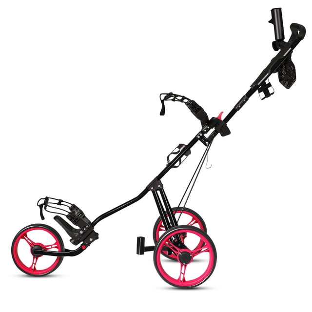 Patiojoy Chariot de Golf Pliable à 3 Roues à Pousser et Tirer avec Siège, Tableau de Bord, Sac, Rouge
