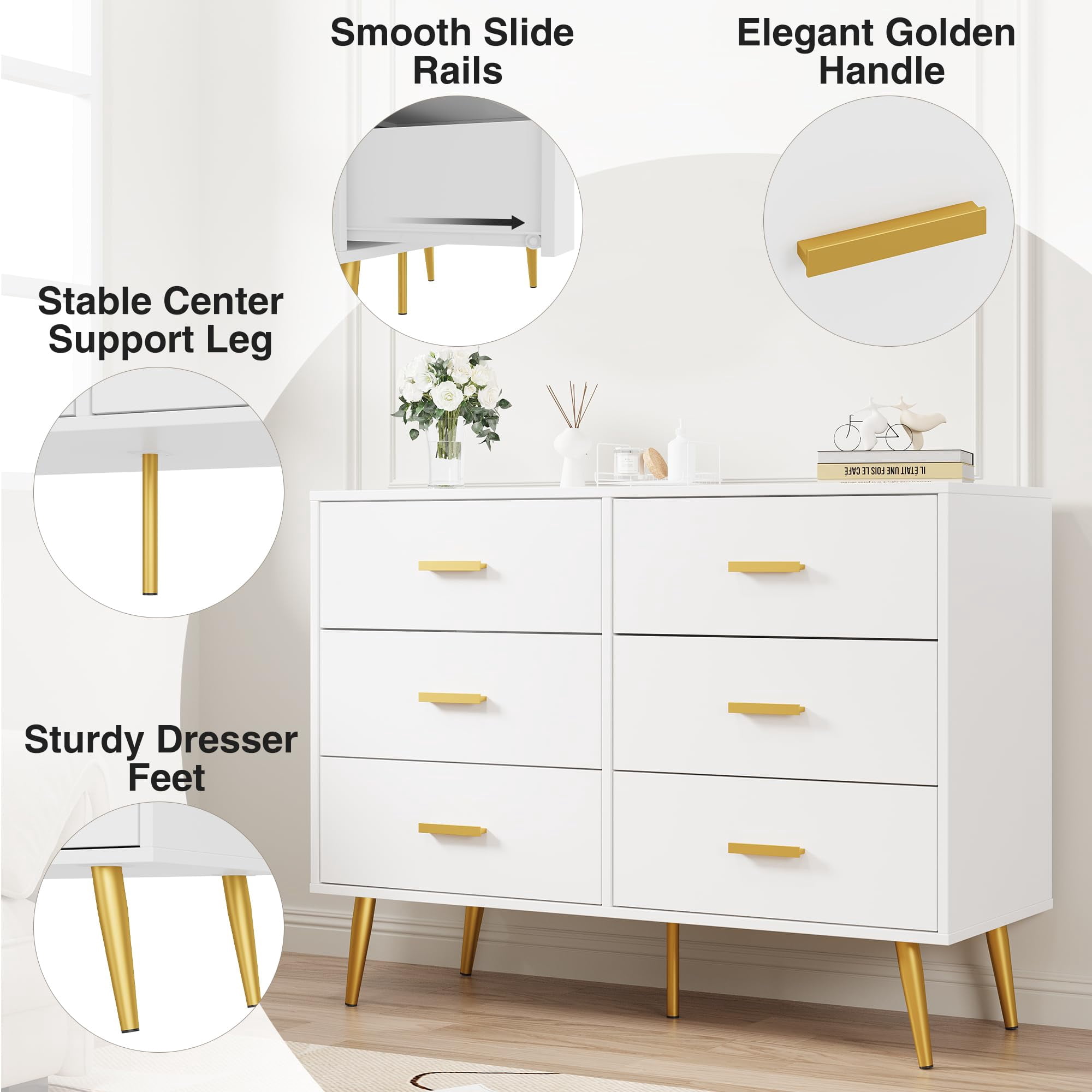Kojooin 6 Drawer White/Black Dresser for Bedroom with Gold Handles, Modern Wood Dresser with Wide Drawers, Long Chest of Drawers for Living Room Hallway Entryway