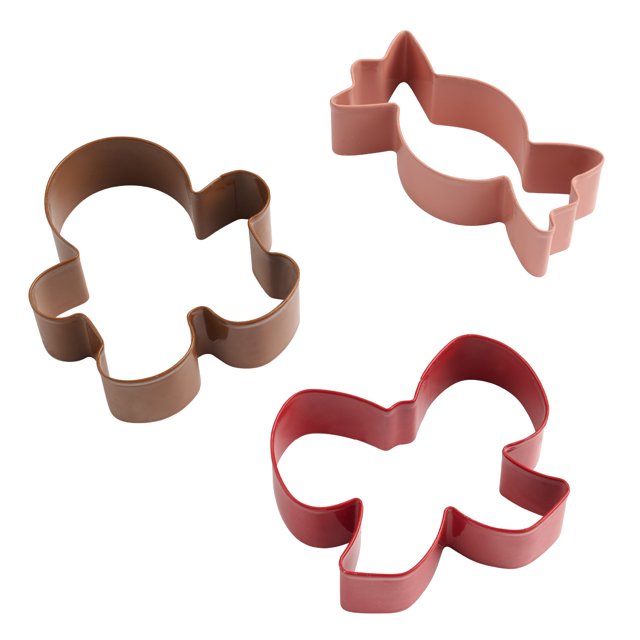 Holiday Time 3-Piece Stainless Steel Cookie Cutters with gingerbread, bow, and candy shapes in brown, pink, and red, each 7.62 cm (3 inches) wide, suitable for holiday bakeware and festive cookie baking.