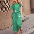 thumbnail image 2 of Ensembles en Lin 2025 pour Femmes Grande Taille Tailleurs Pantalons pour Femmes 2 Pcs Pantalons Habillés en Coton pour Dames pour Femmes Blouse Imprimée à Manches Courtes Pantalon Court Ample Tailleur Deux Pièces Pantalon, 2 of 5