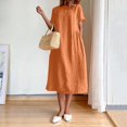 thumbnail image 1 of LOVZFMLL Women's Summer Fashion Solid Color Round Neck Short Sleeve Linen Dress Orange M, 1 of 9