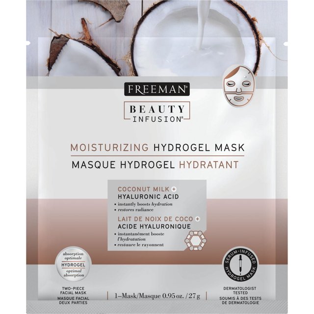 Freeman Beauty Infusion Moisturizing Hydrogel Mask packaging featuring coconut milk and hyaluronic acid, highlighting optimal hydrogel absorption and dermatologist-tested serum-infused two-piece facial mask weighing 0.95 oz (27 g).