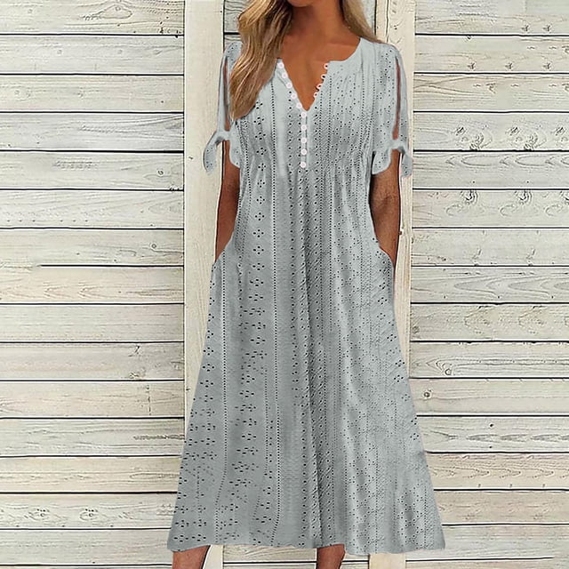 Babysbule Liquidation Robes d'Été pour Femmes, Mode Femmes Décontractée Ample Imprimé Papillon Col en V Manches Mi-Longues Boutons Poches Robe Longue