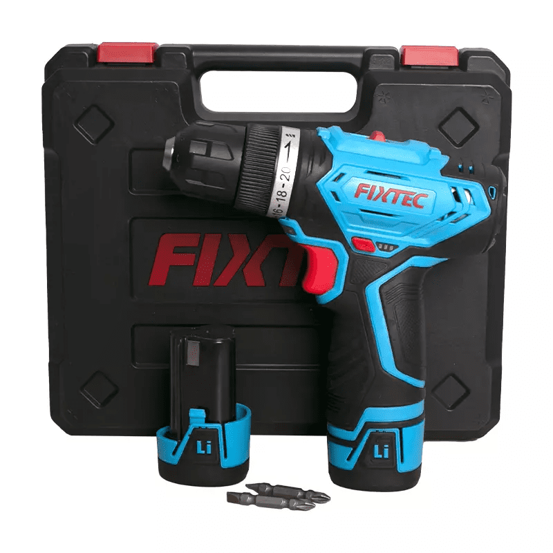 FIXTEC 12V Lithium-Ion Cordless 3/8-inch Drill Kit with (2) Batteries, Charger, Storage Case, FCD12L04