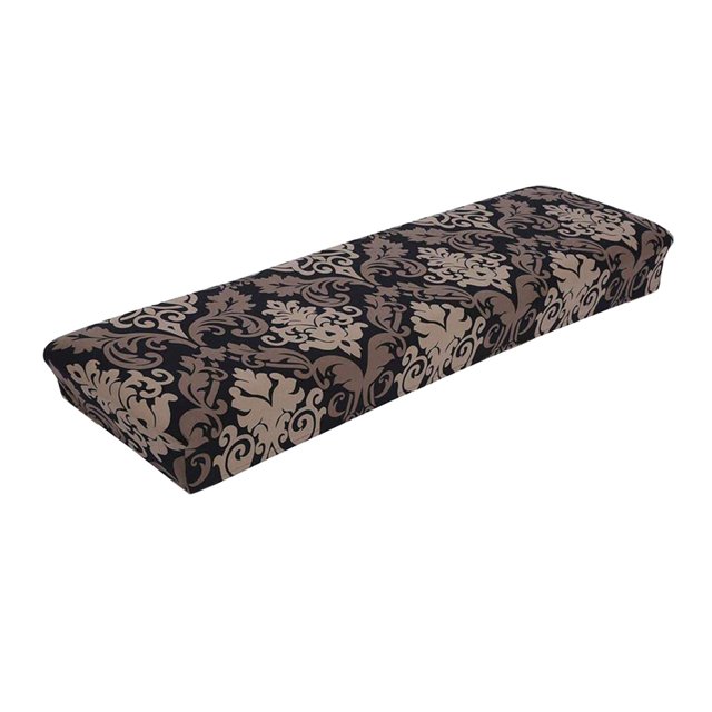 Bench Covers High Stretch Slipcover for Dining Room Bench Seat Cushion Cover A featuring a black and beige rhombic lattice jacquard fabric design. Made of 95% polyester and 5% spandex, this stretchable and wrinkle-resistant cover fits benches 42 to 54 inches long, 14 to 18 inches wide, and 3.2 to 4.7 inches high. Equipped with an elastic band and straps for a secure fit, it protects against scratches, spills, and stains. Suitable for use in dining rooms, kitchens, bedrooms, and more.